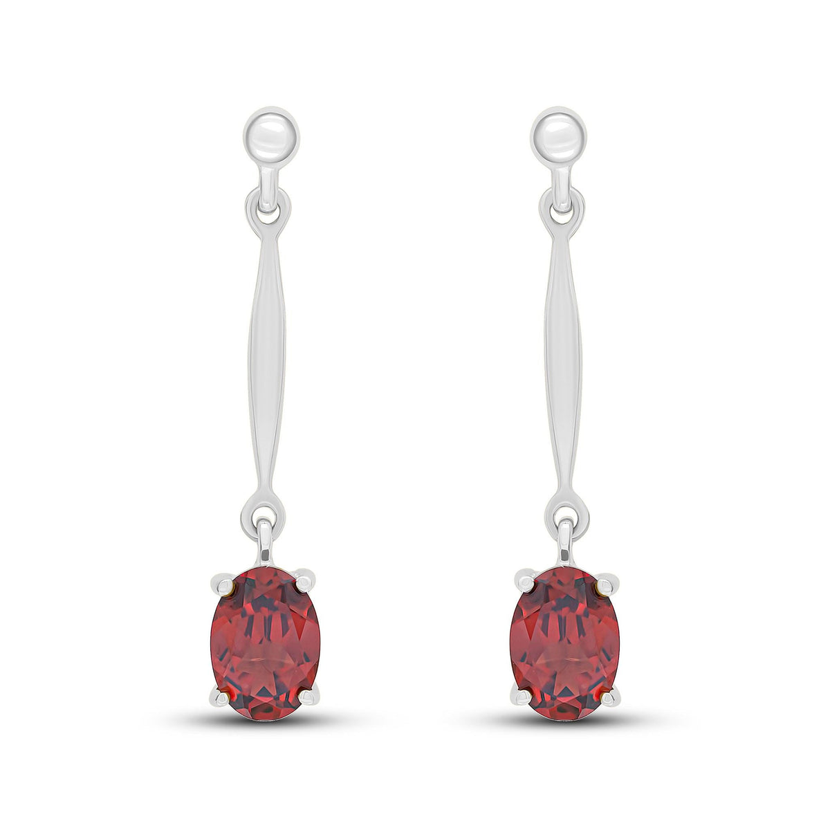 9ct White Gold Oval Natural Garnet Claw Bar Drop Earrings — 7x5mm