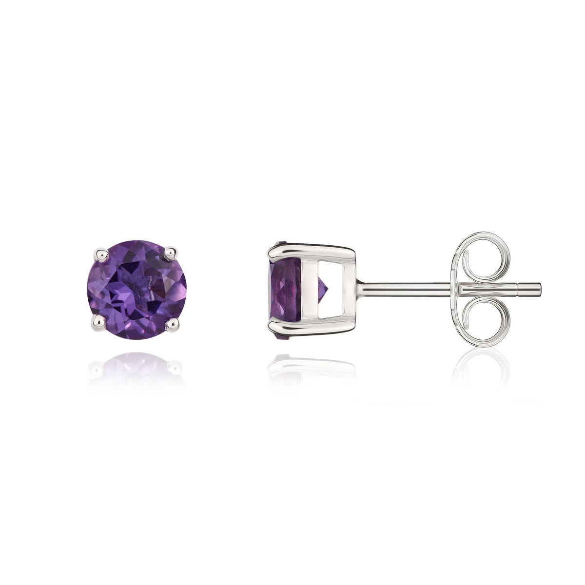 9ct White Gold Round Natural Amethyst Claw Set Stud Earrings — 5mm