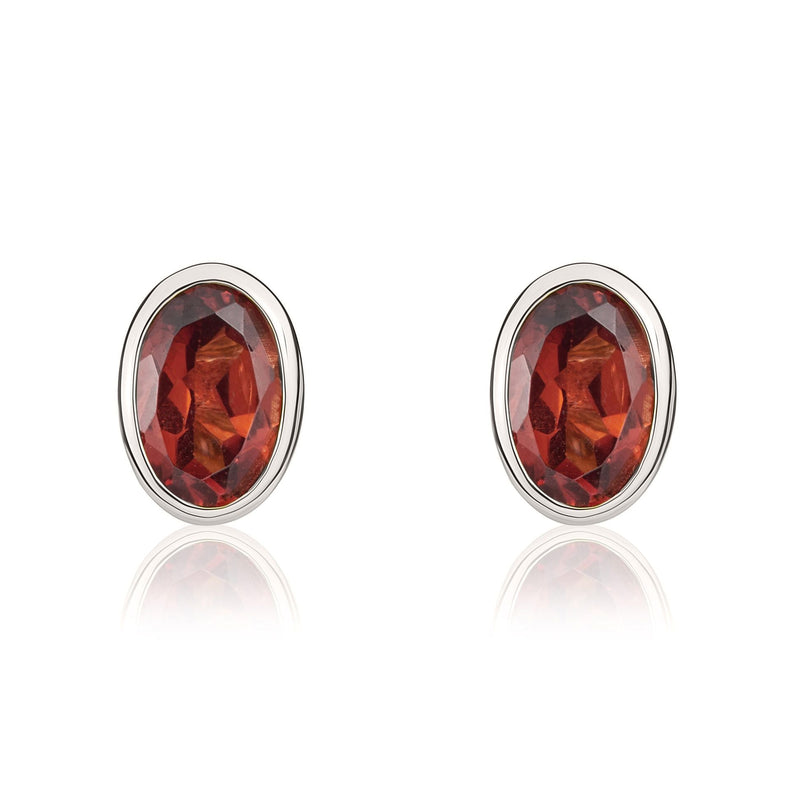 9ct White Gold Oval Natural Garnet Rubover Stud Earrings — 6x4mm