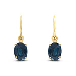 9ct Yellow Gold Oval Natural Sapphire Claw Hook Wire Drop Earrings — 7x5mm