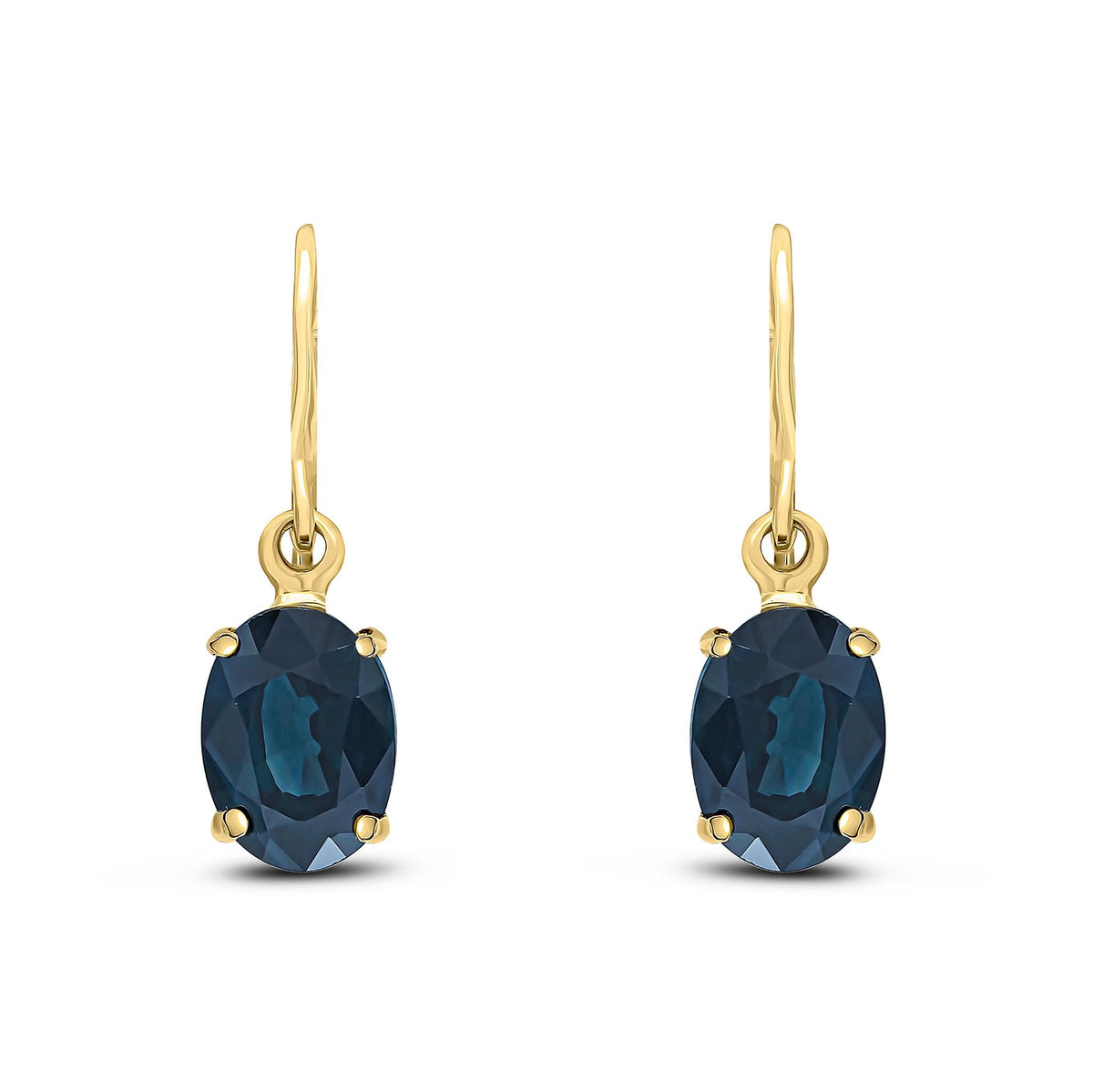 9ct Yellow Gold Oval Natural Sapphire Claw Hook Wire Drop Earrings — 7x5mm