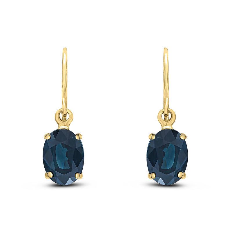 9ct Yellow Gold Oval Natural Sapphire Claw Hook Wire Drop Earrings — 7x5mm