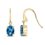 9ct Yellow Gold Oval Natural London Blue Topaz Claw Hook Wire Drop Earrings — 7x5mm