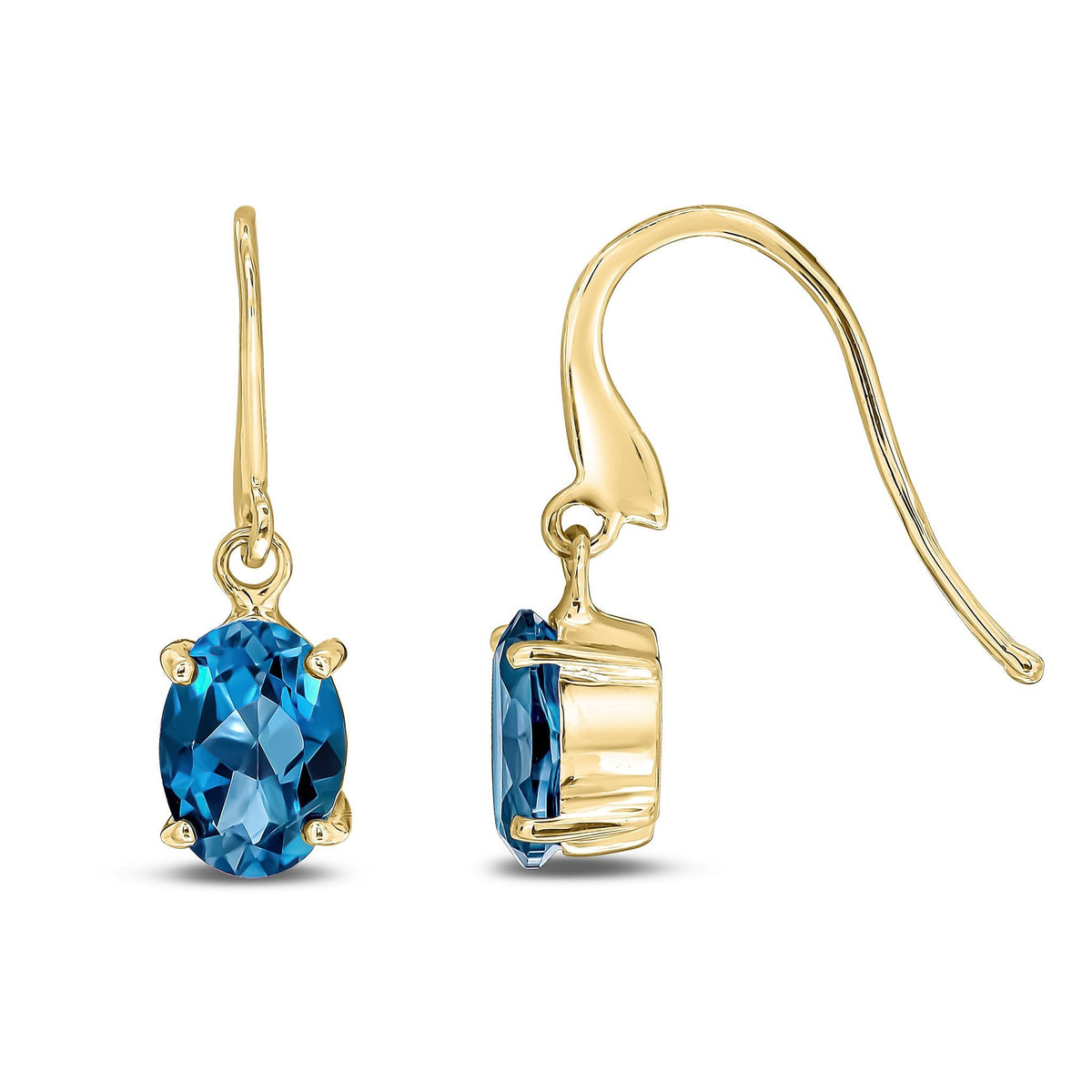 9ct Yellow Gold Oval Natural London Blue Topaz Claw Hook Wire Drop Earrings — 7x5mm