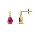 9ct Yellow Gold Pear Shaped Natural Ruby Claw Drop Earrings — 7x5mm