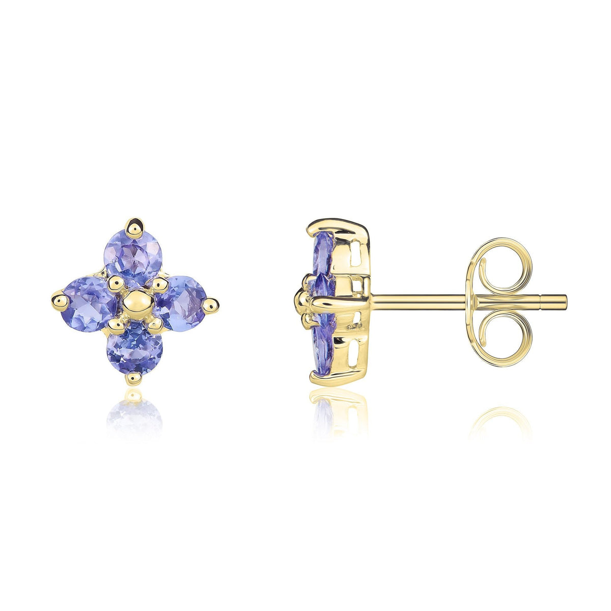 9ct Yellow Gold Round Natural Tanzanite Four Stone Cluster Stud Earrings