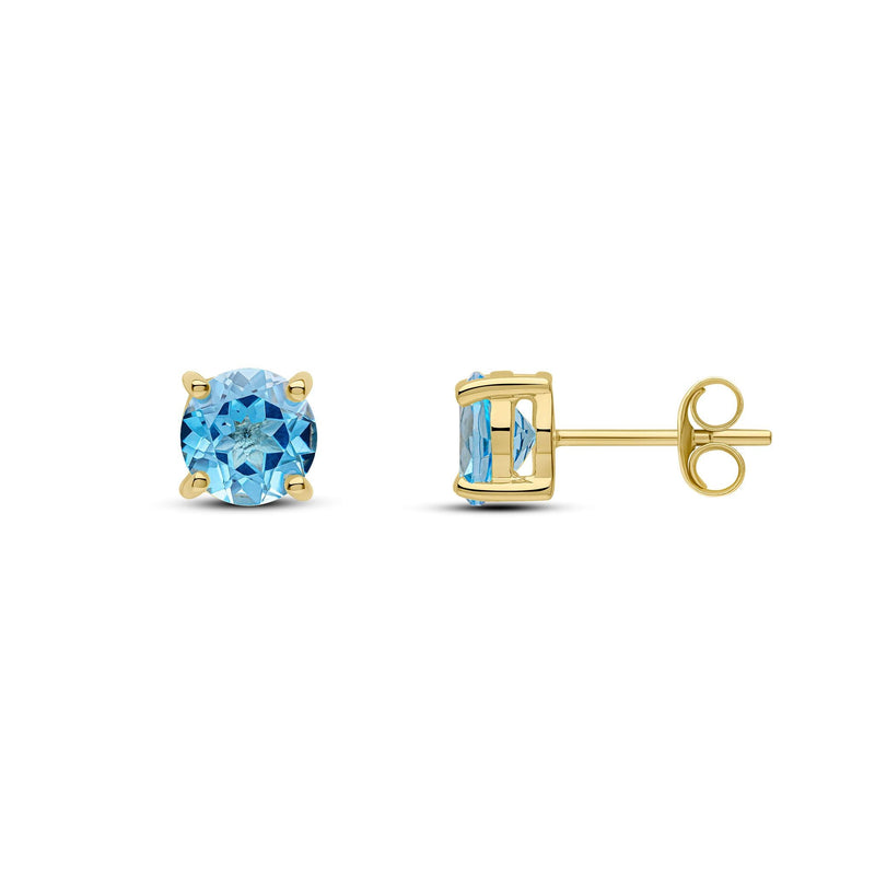 9ct Yellow Gold Round Natural Swiss Blue Topaz Claw Stud Earrings — 6mm