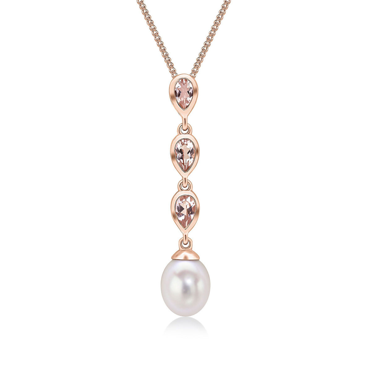 9ct Rose Gold Pearl and Pear Shaped Natural Morganite Triple Drop Pendant