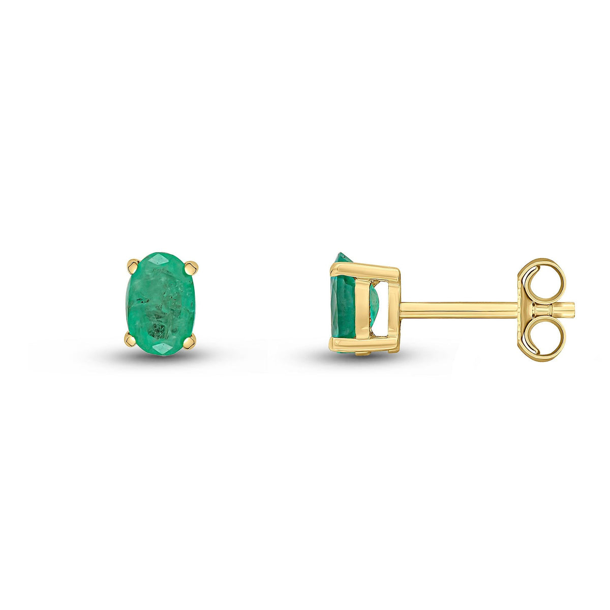 9ct Yellow Gold Oval Natural Emerald Claw Stud Earrings — 6x4mm
