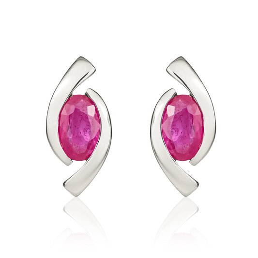 9ct White Gold Oval Natural Ruby 'Eye' Stud Earrings