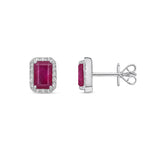 18ct White Gold Octagonal Natural Ruby & Diamond Cluster Stud Earrings — 6x4mm