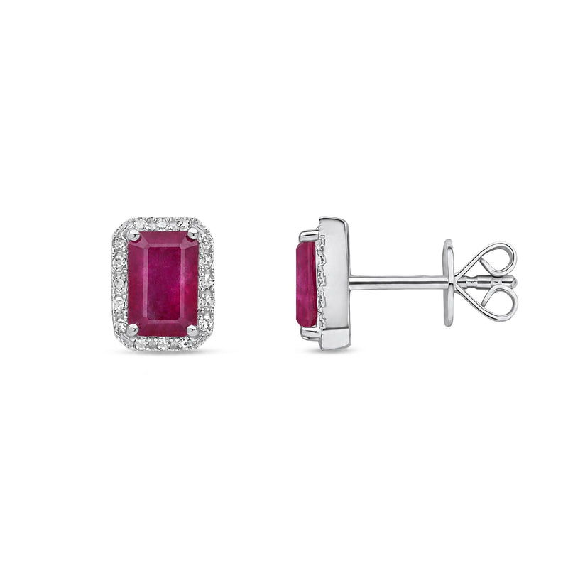 18ct White Gold Octagonal Natural Ruby & Diamond Cluster Stud Earrings — 6x4mm