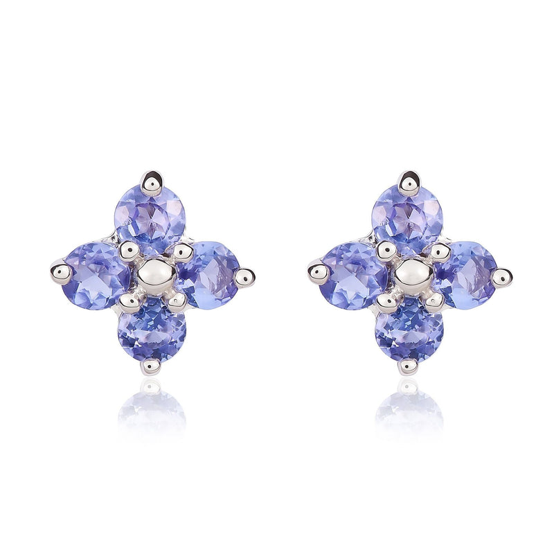 9ct White Gold Round Natural Tanzanite Four Stone Cluster Stud Earrings