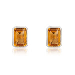 9ct White Gold Octagonal Emerald Cut Natural Citrine Rubover Stud Earrings — 7x5mm