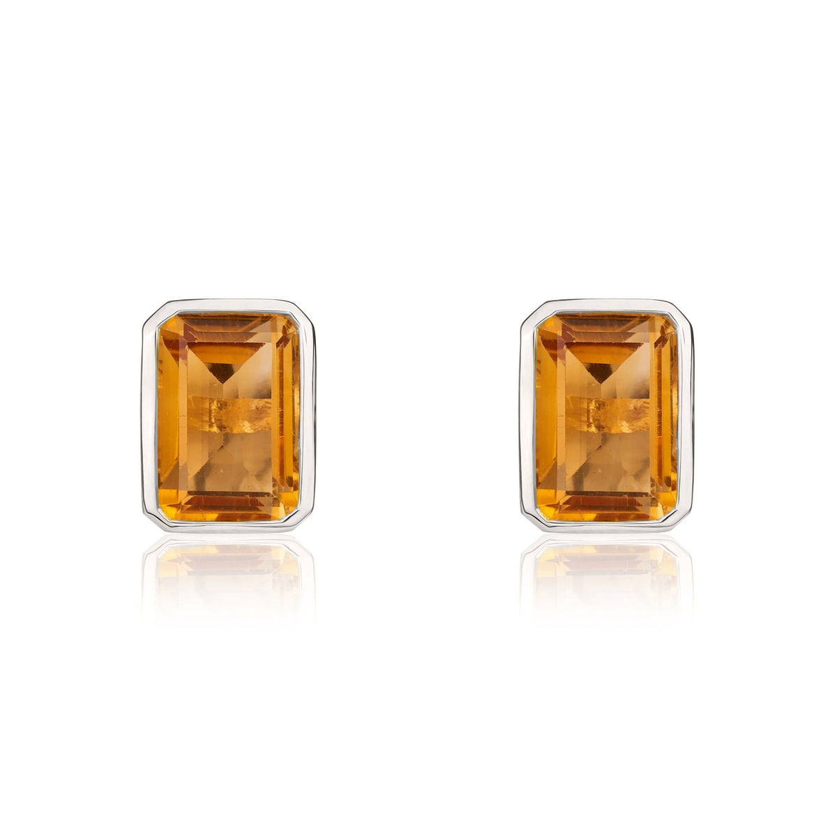 9ct White Gold Octagonal Emerald Cut Natural Citrine Rubover Stud Earrings — 7x5mm