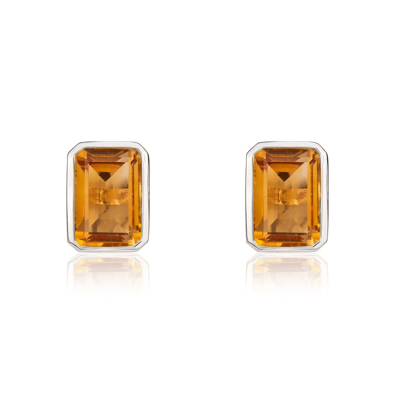 9ct White Gold Octagonal Emerald Cut Natural Citrine Rubover Stud Earrings — 7x5mm