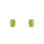 9ct White Gold Octagonal Emerald Cut Natural Peridot Rubover Stud Earrings — 5x3mm