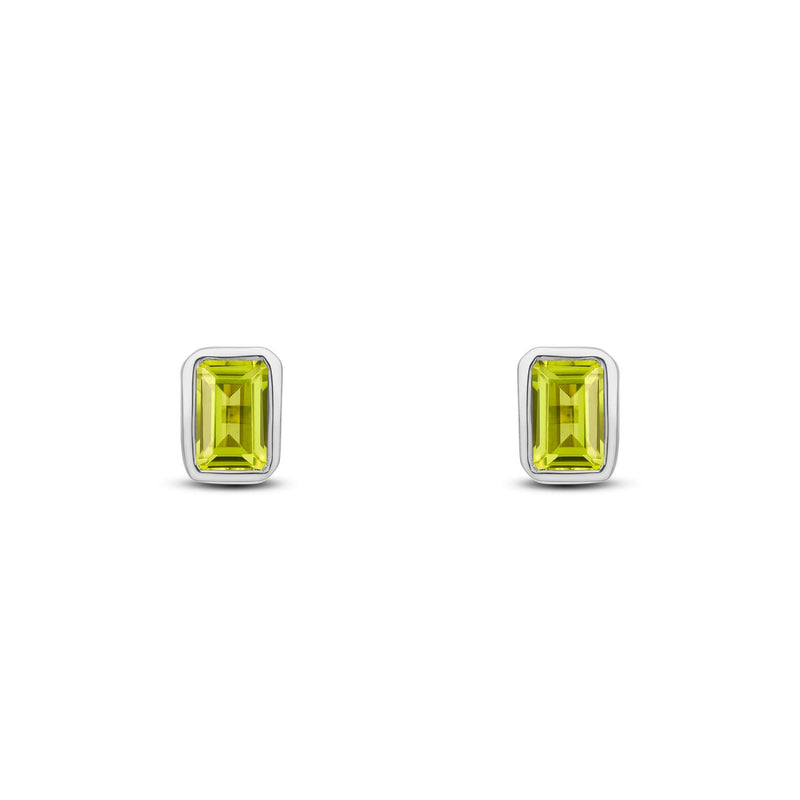 9ct White Gold Octagonal Emerald Cut Natural Peridot Rubover Stud Earrings — 5x3mm
