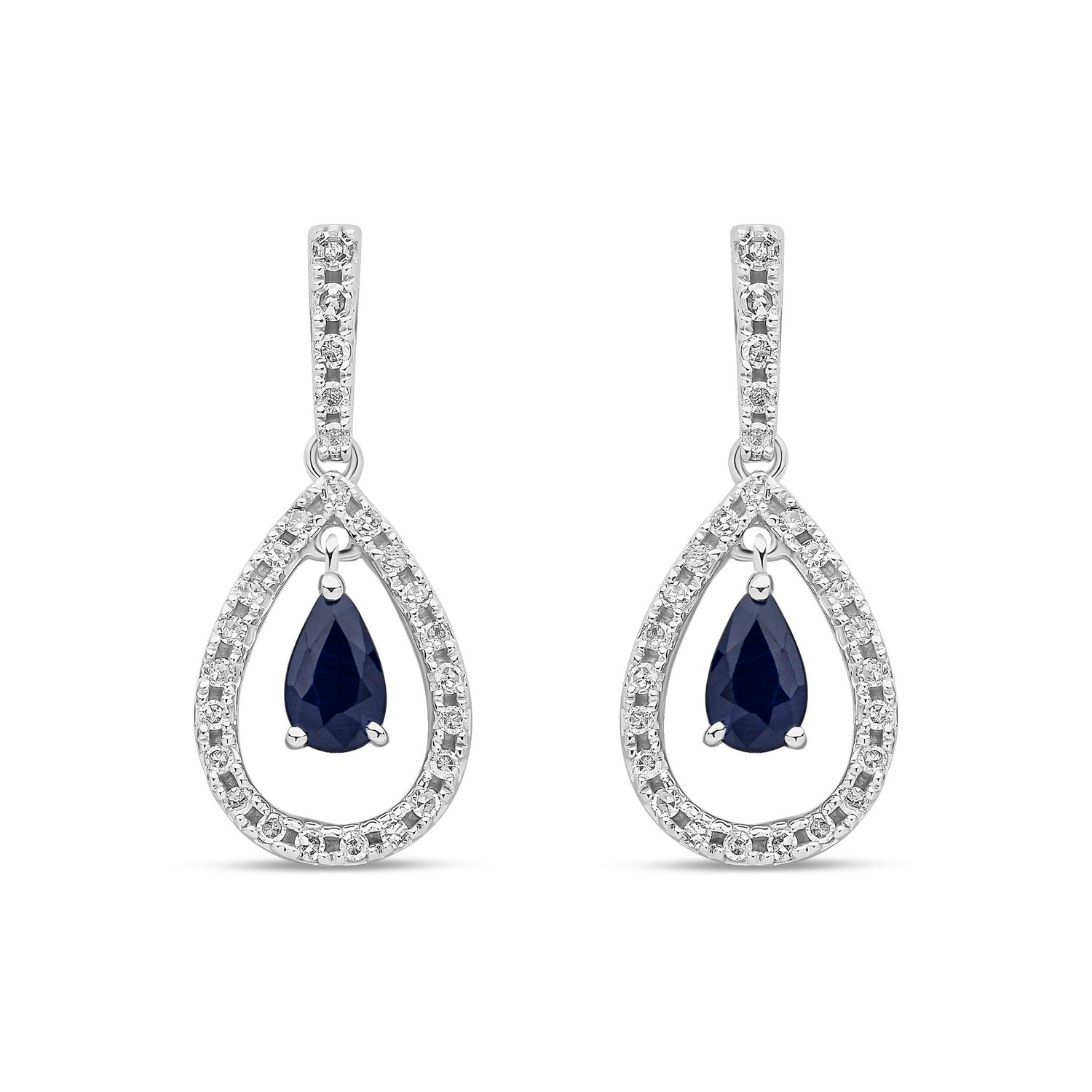 18ct White Gold Natural Sapphire and Diamond Teardrop Drop Earrings