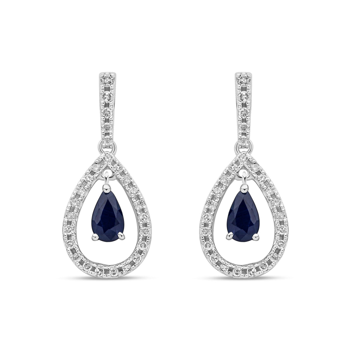18ct White Gold Pear Shaped Natural Sapphire & Diamond Open Teardrop Drop Earrings