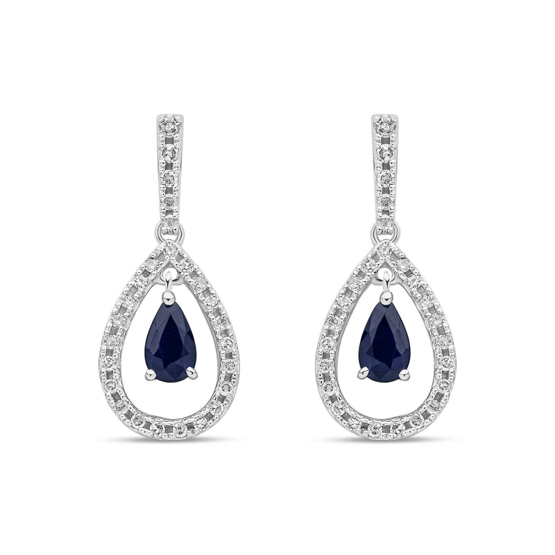 18ct White Gold Pear Shaped Natural Sapphire & Diamond Open Teardrop Drop Earrings