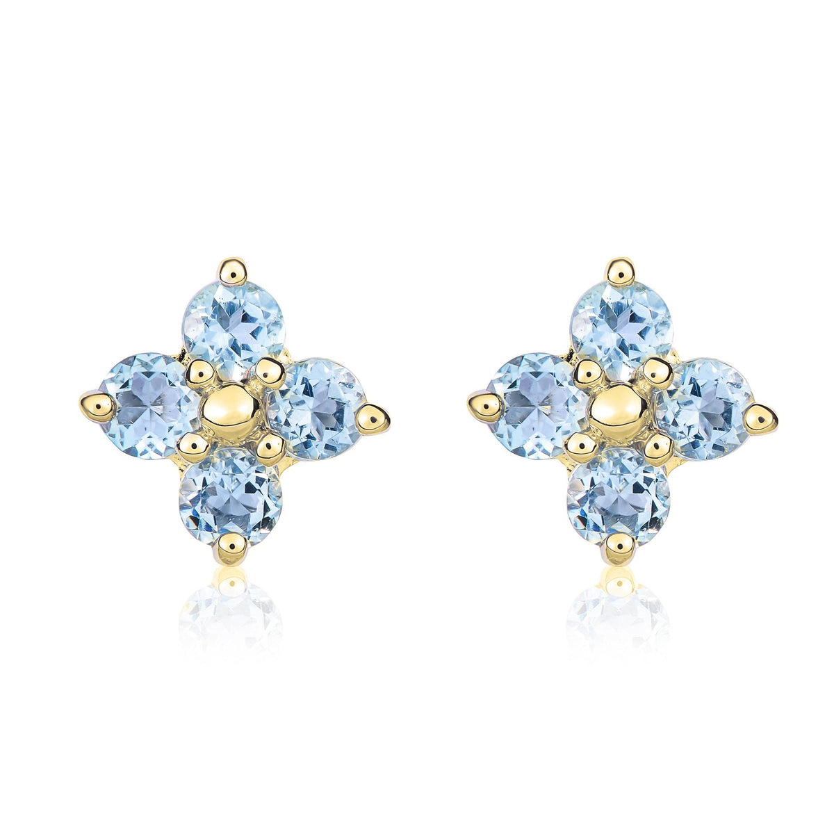 9ct Yellow Gold Round Natural Aquamarine Four Stone Cluster Stud Earrings