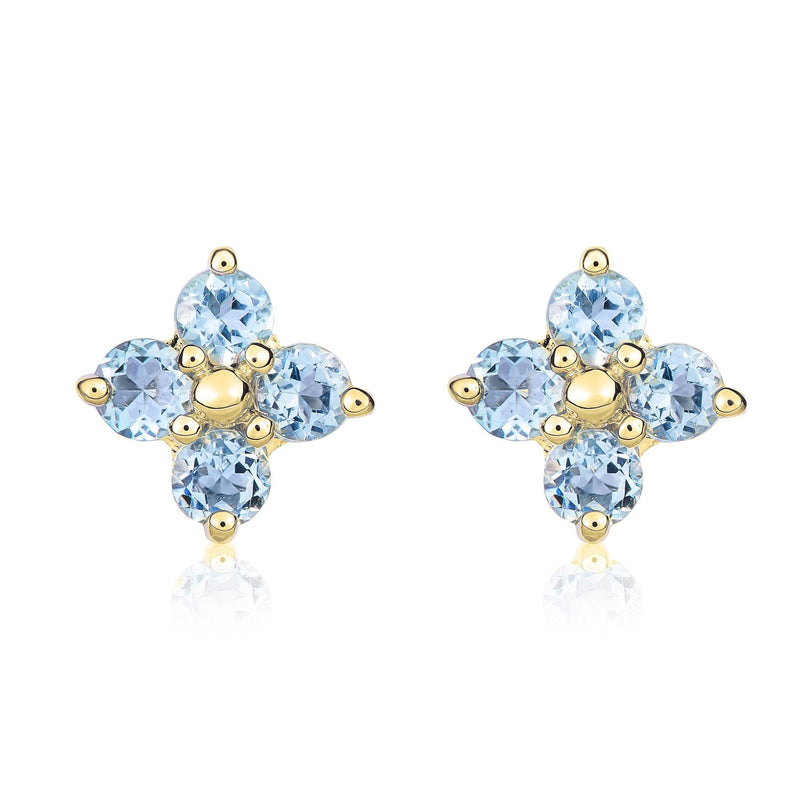 9ct Yellow Gold Round Natural Aquamarine Four Stone Cluster Stud Earrings