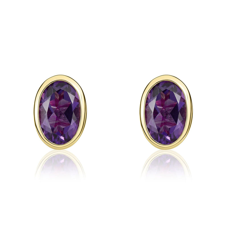 9ct Yellow Gold Oval Natural Amethyst Rubover Stud Earrings — 6x4mm