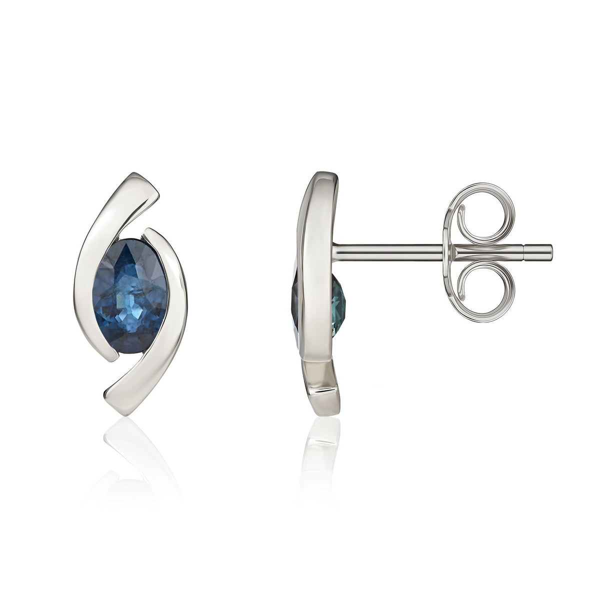 9ct White Gold Oval Natural Sapphire 'Eye' Stud Earrings — 6x4mm