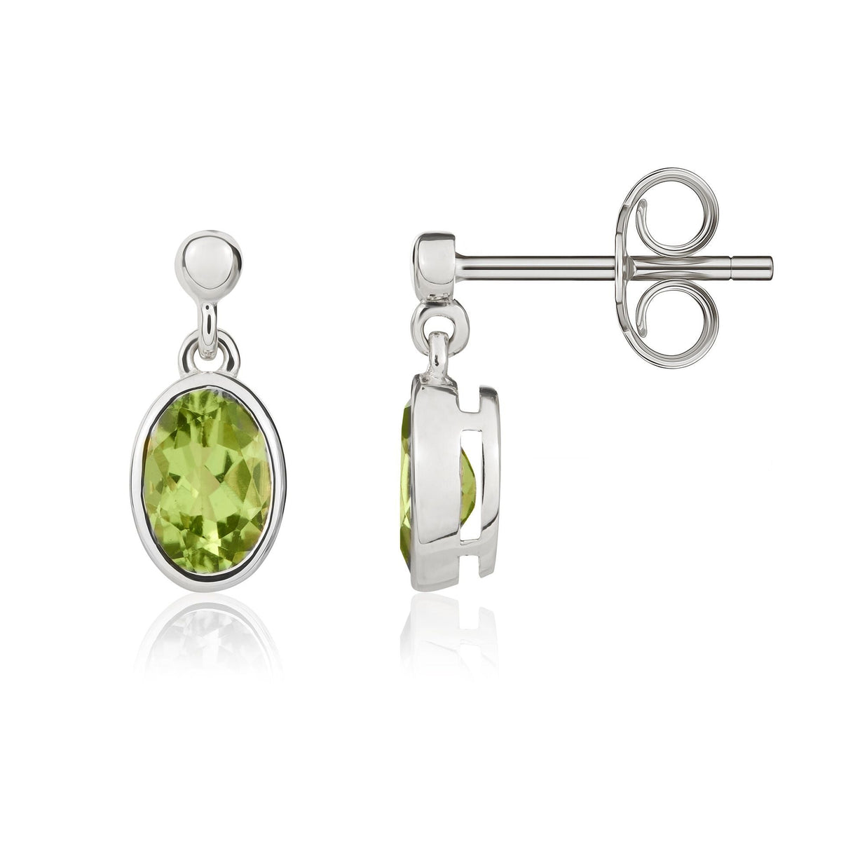 9ct White Gold Oval Natural Peridot Rubover Drop Earrings — 6x4mm