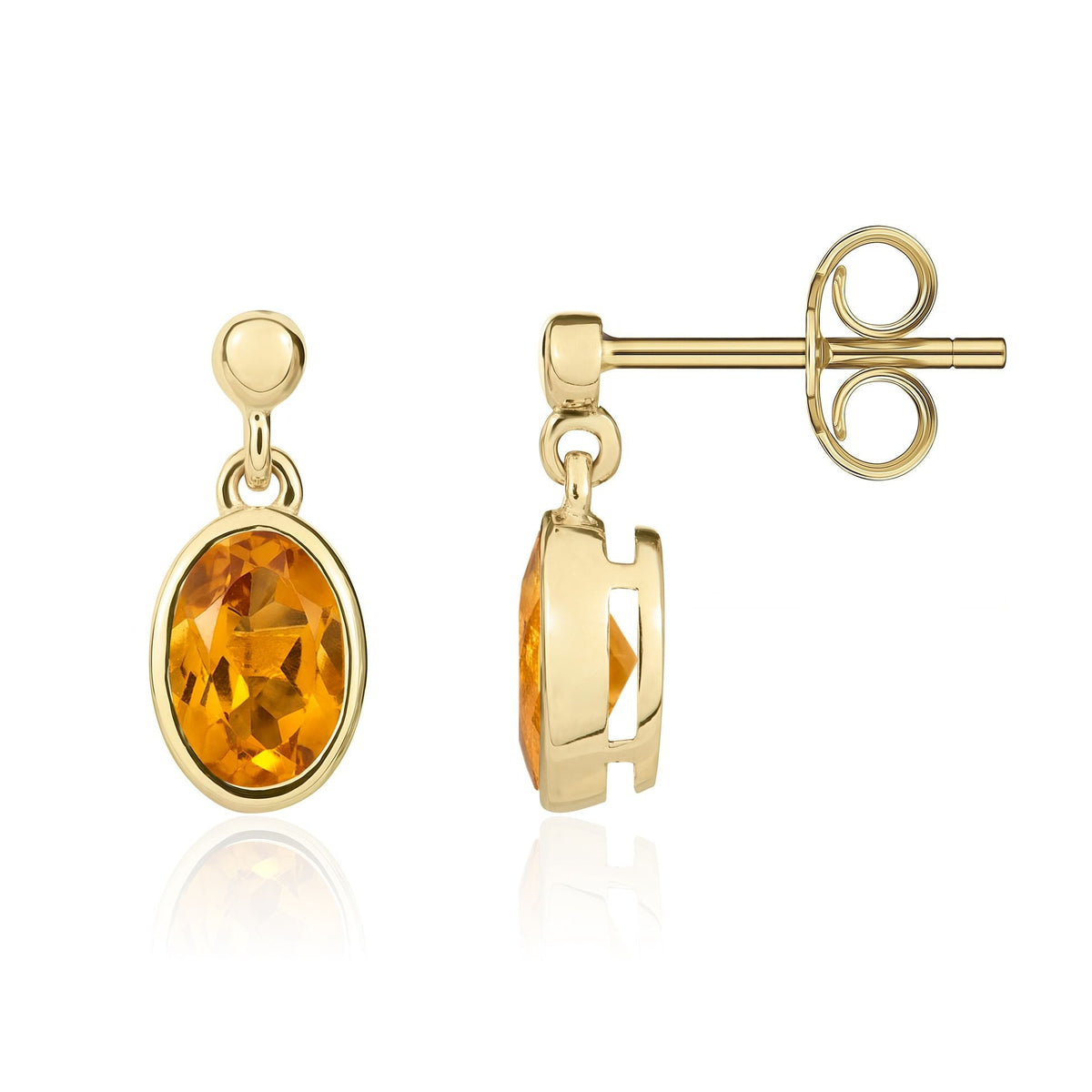 9ct Yellow Gold Oval Natural Citrine Rubover Drop Earrings — 7x5mm