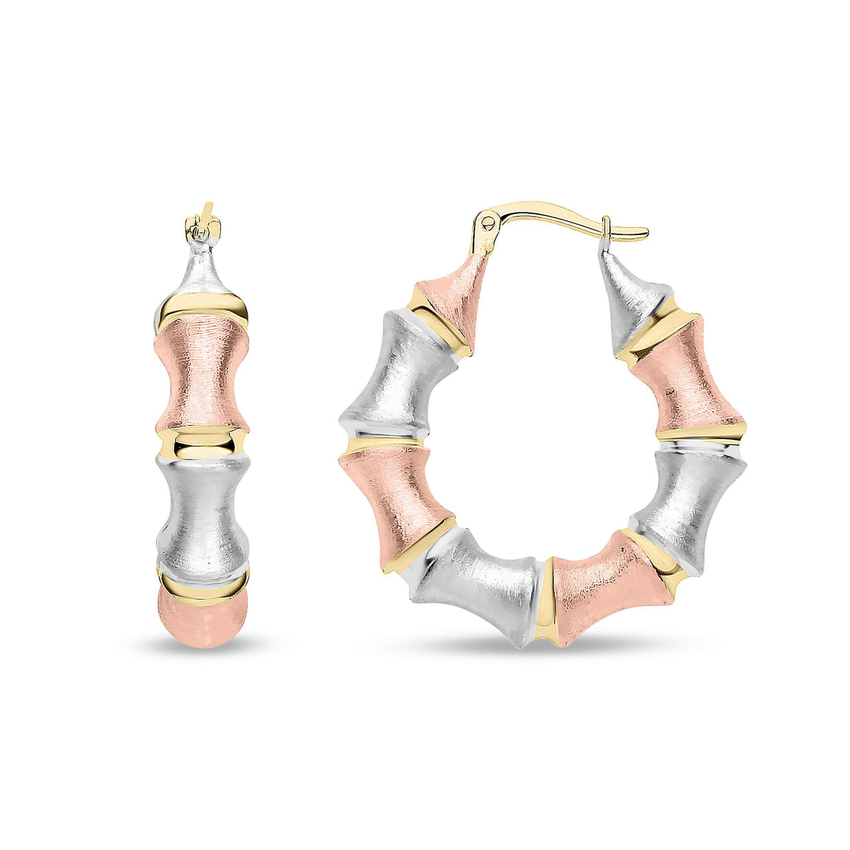 9ct Three Tone Gold Frosted Bamboo Hoop Earrings