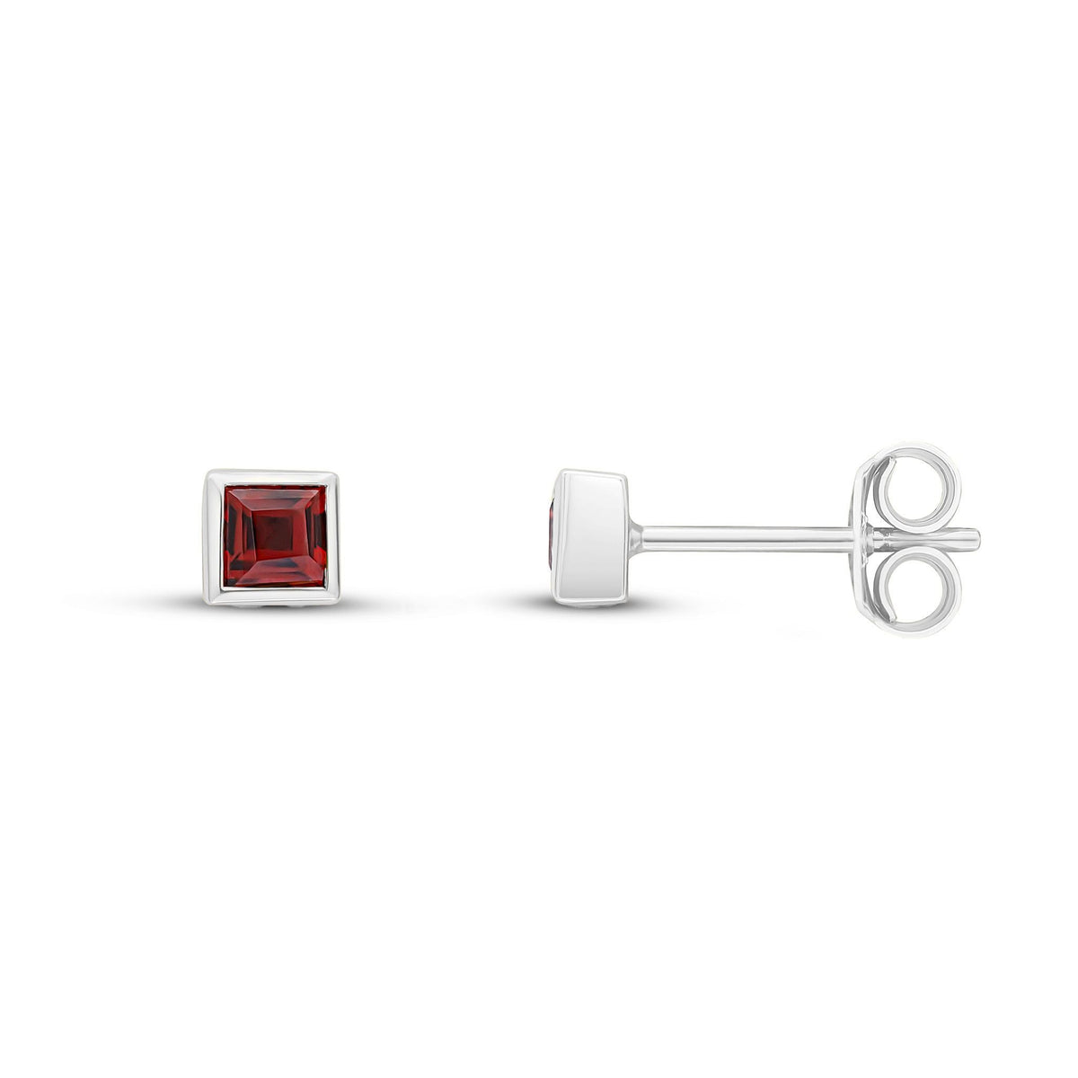 9ct White Gold Square Natural Garnet Rubover Stud Earrings — 3mm