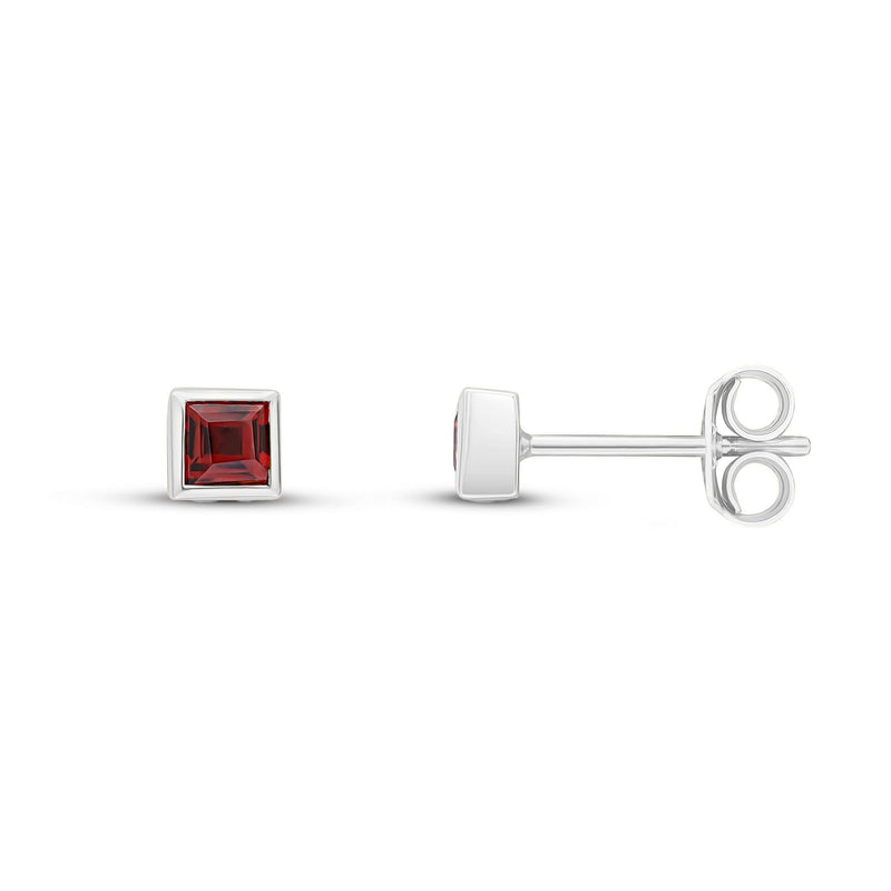 9ct White Gold Square Natural Garnet Rubover Stud Earrings — 3mm