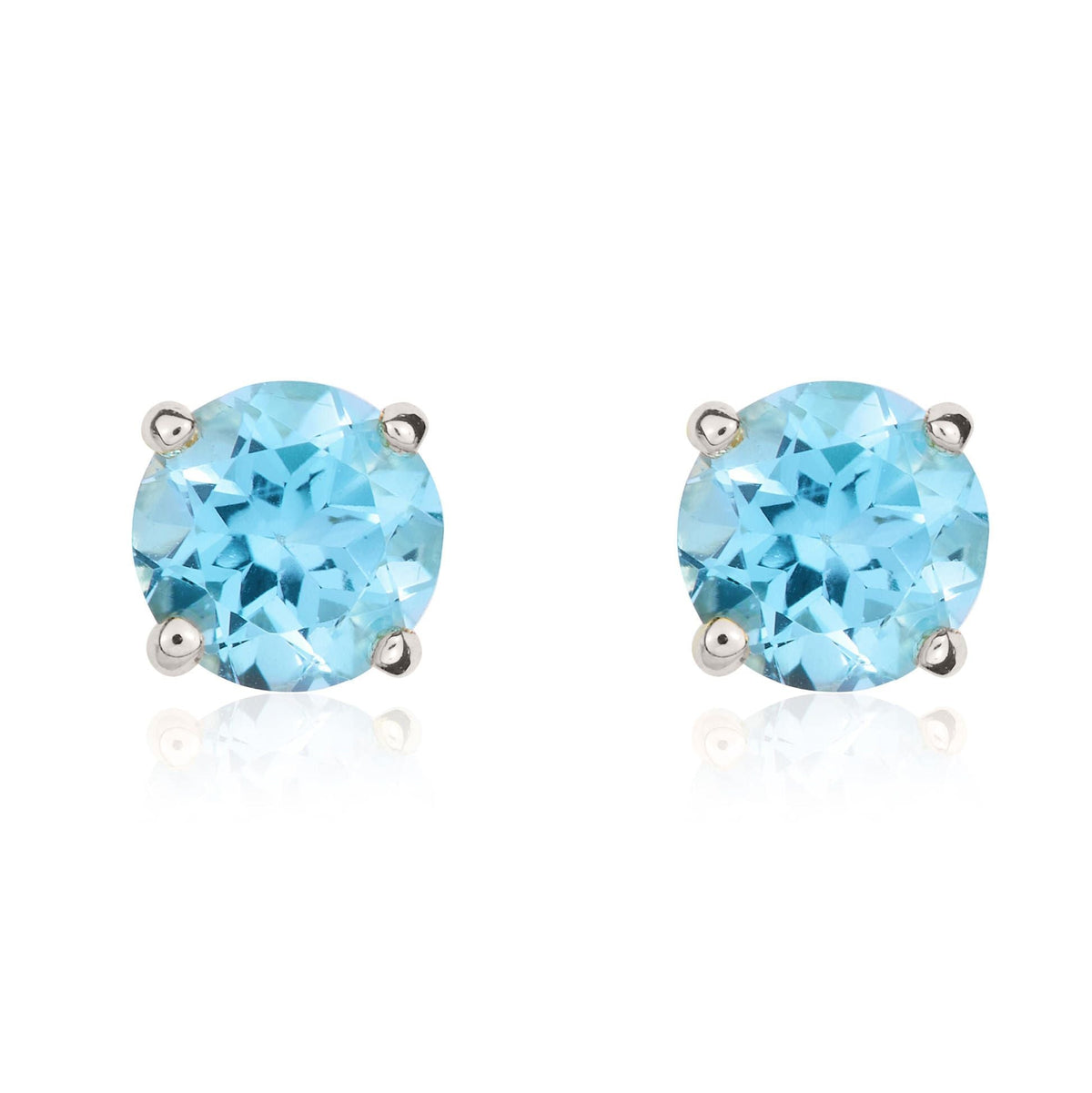 9ct White Gold Round Natural Swiss Blue Topaz Claw Set Stud Earrings — 5mm