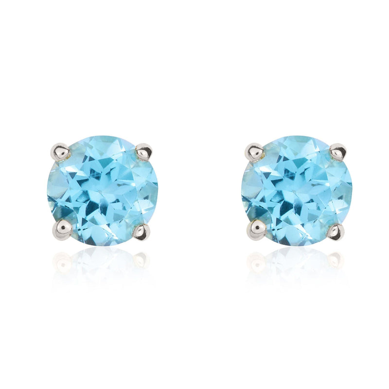 9ct White Gold Round Natural Swiss Blue Topaz Claw Set Stud Earrings — 5mm