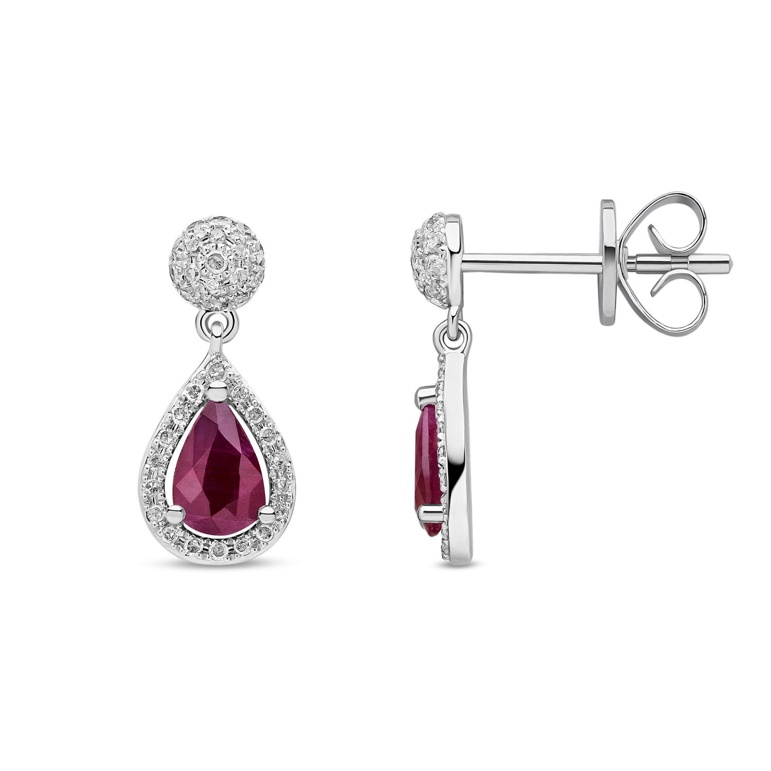 18ct White Gold Natural Ruby and Diamond Teardrop Drop Earrings