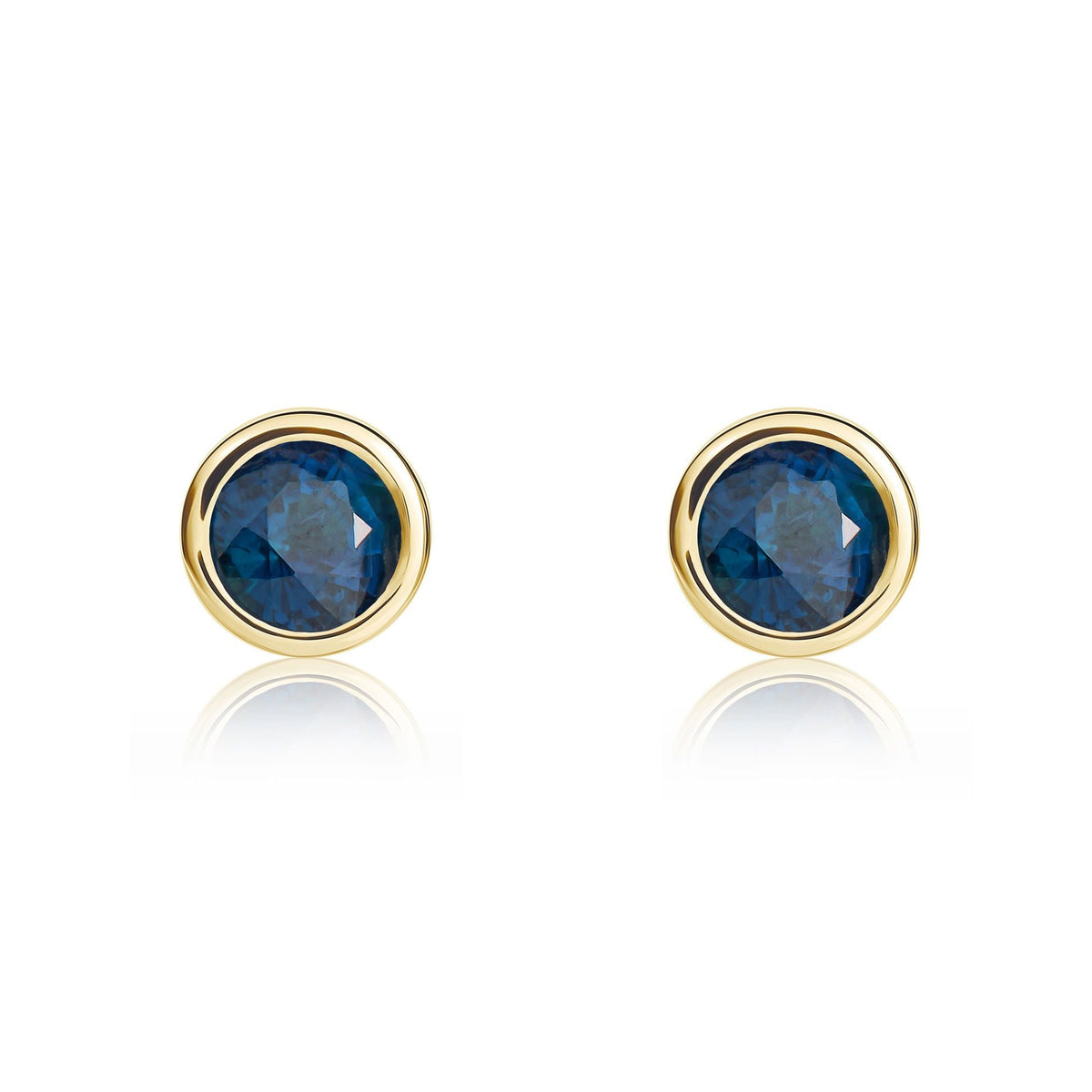 9ct Yellow Gold Round Natural Sapphire Rubover Stud Earrings — 4mm