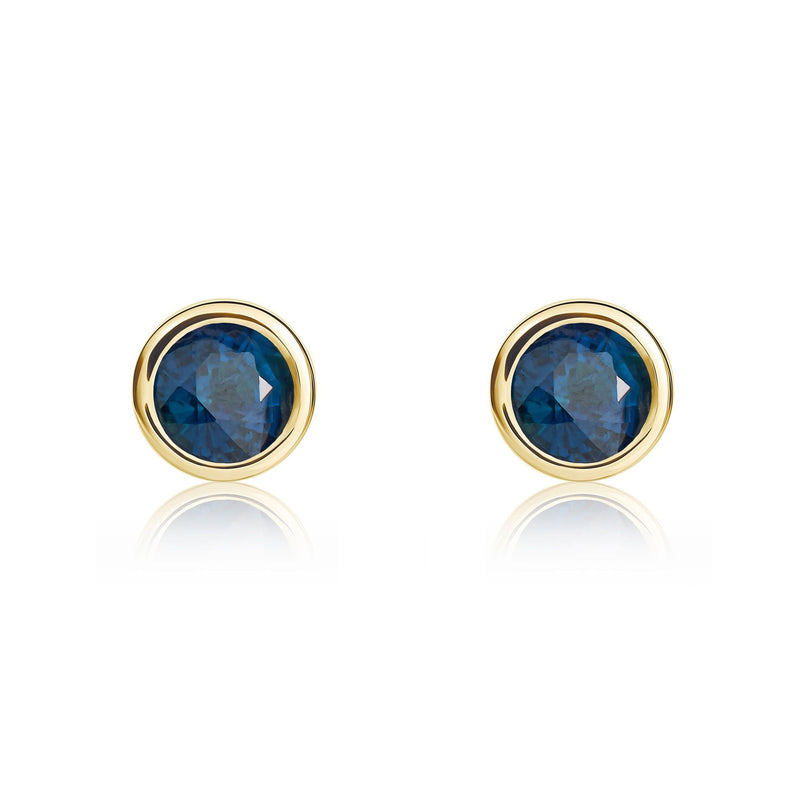 9ct Yellow Gold Round Natural Sapphire Rubover Stud Earrings — 4mm