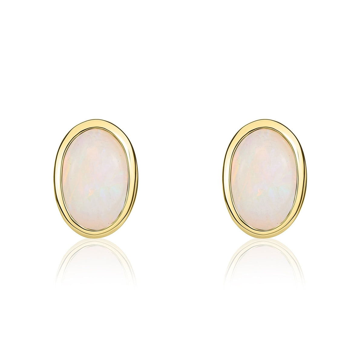 9ct Yellow Gold Oval Natural Opal Rubover Stud Earrings — 6x4mm