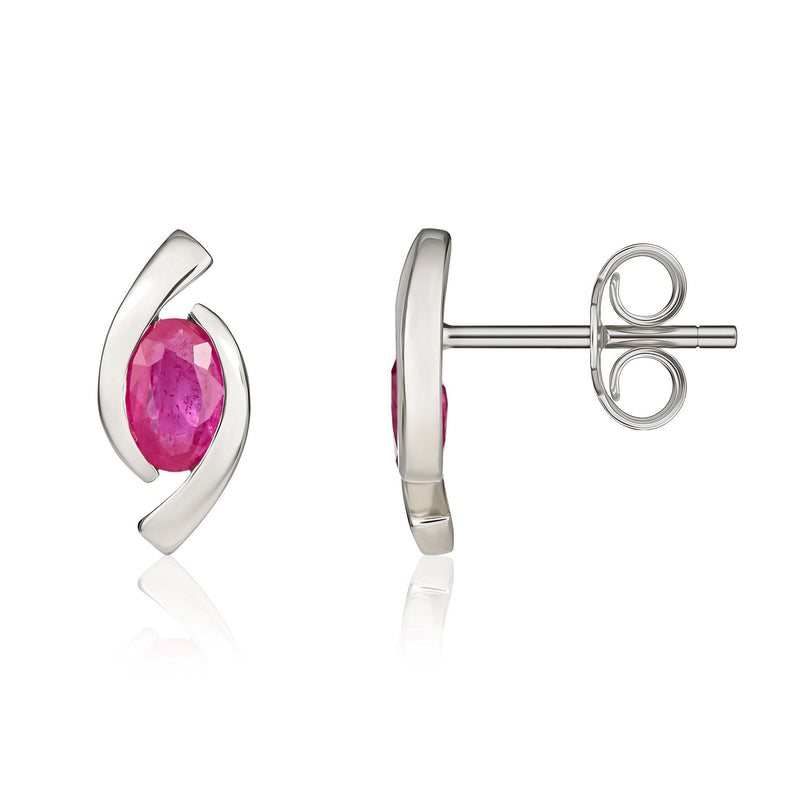 9ct White Gold Oval Natural Ruby 'Eye' Stud Earrings — 6x4mm