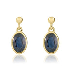 9ct Yellow Gold Oval Natural Blue Sapphire Rubover Drop Earrings — 7x5mm