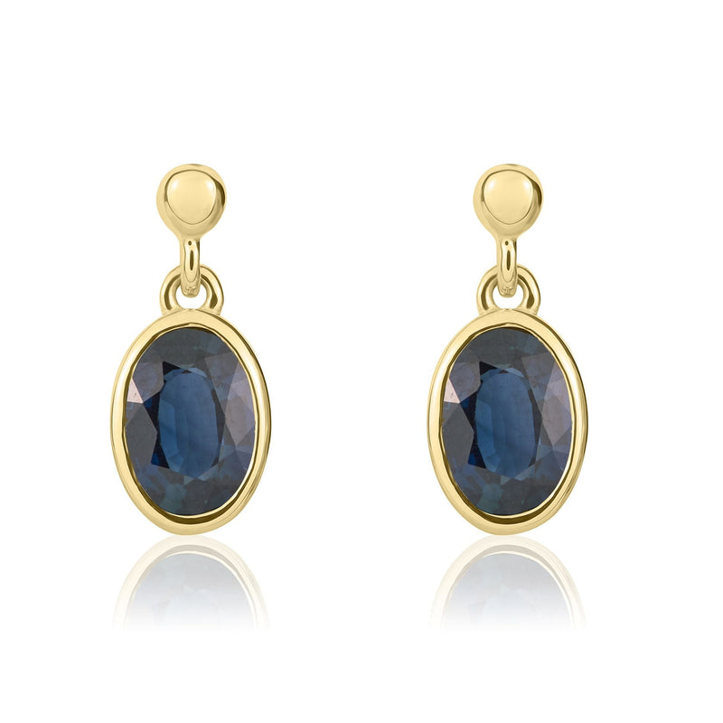 9ct Yellow Gold Oval Natural Blue Sapphire Rubover Drop Earrings — 7x5mm