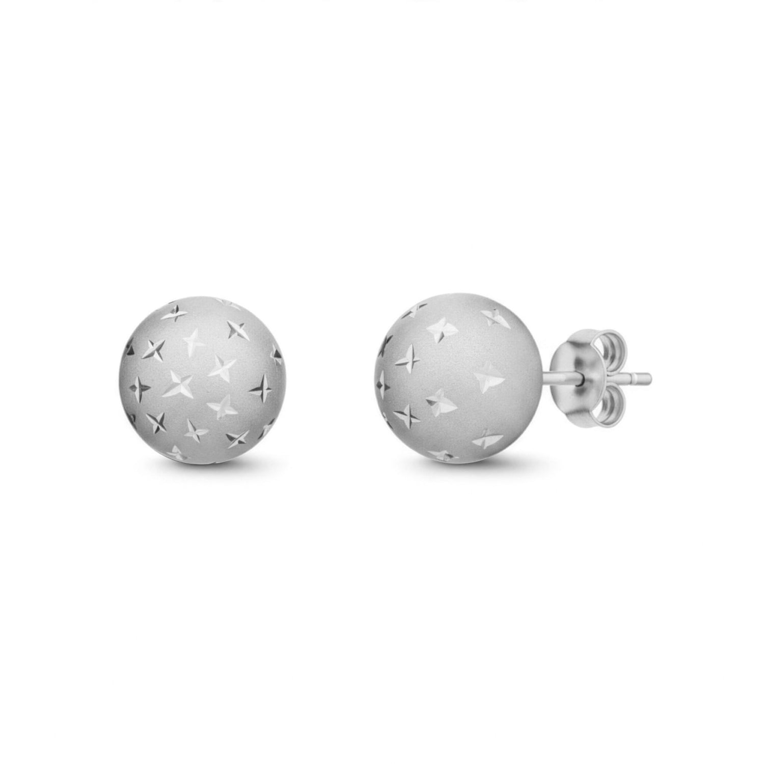 9ct White Gold Star Cut Satin Ball Stud Earrings — 10mm