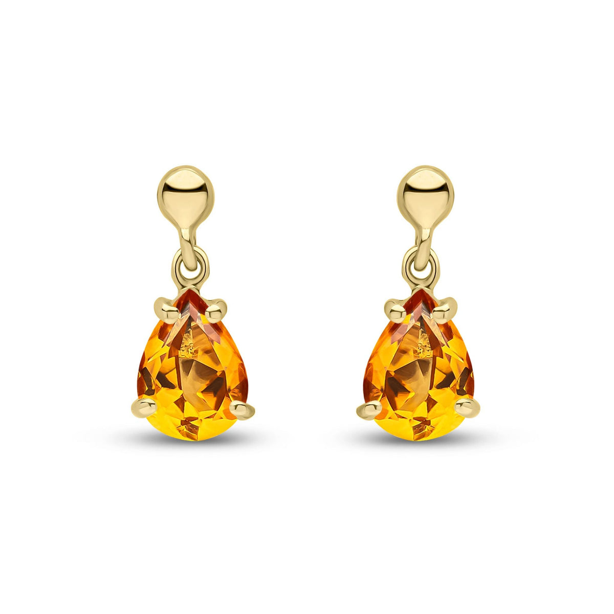 9ct Yellow Gold Pear Shaped Natural Citrine Claw Drop Earrings — 7x5mm