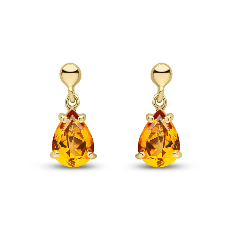 9ct Yellow Gold Pear Shaped Natural Citrine Claw Drop Earrings — 7x5mm
