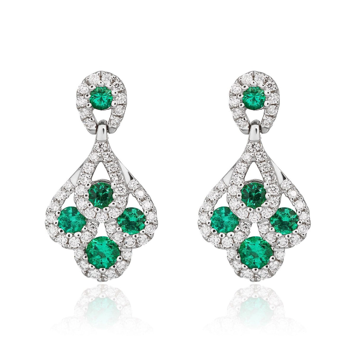 18ct White Gold Natural Emerald and Diamond Peacock Drop Earrings