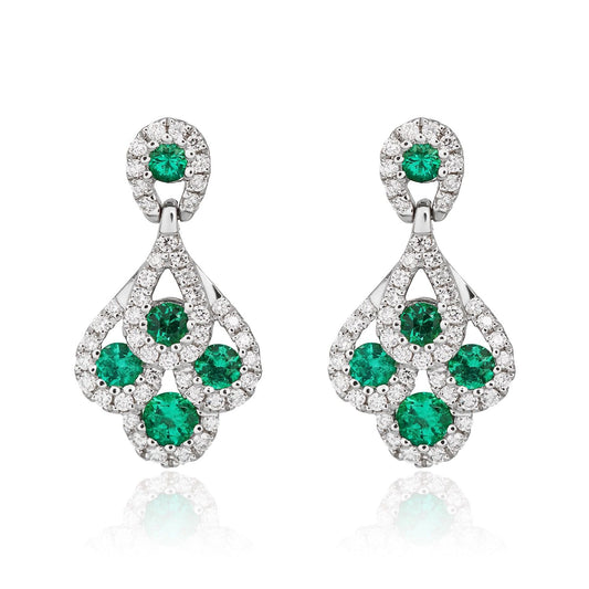 18ct White Gold Natural Emerald and Diamond Peacock Drop Earrings