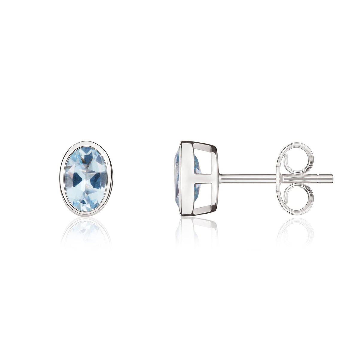 9ct White Gold Oval Natural Aquamarine Rubover Stud Earrings — 6x4mm