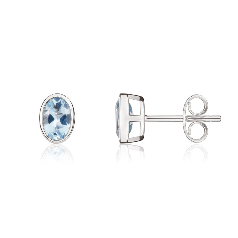 9ct White Gold Oval Natural Aquamarine Rubover Stud Earrings — 6x4mm